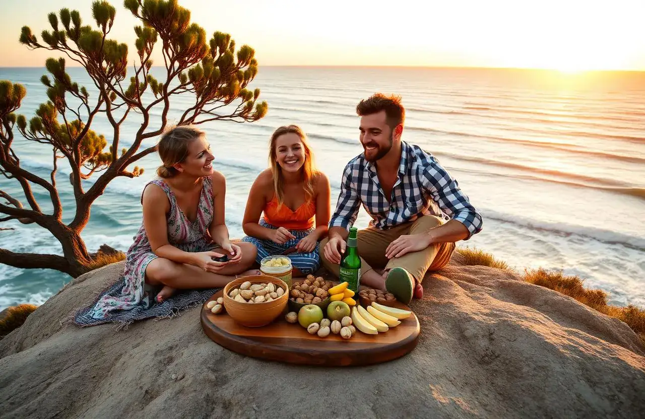 Australian family and friends with macadamia nuts at a coastal cliff at sunset