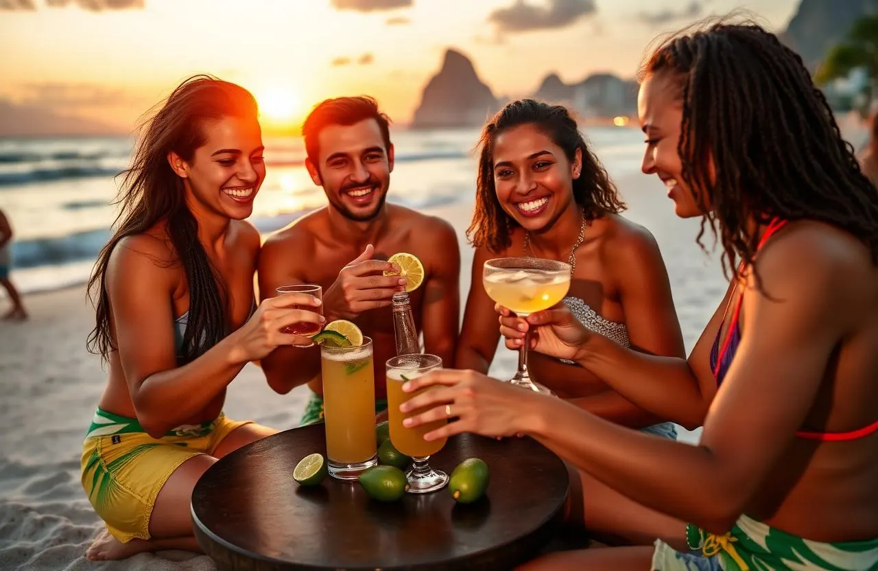 Brazilian friends on the beach in Rio with caipirinha at sunset