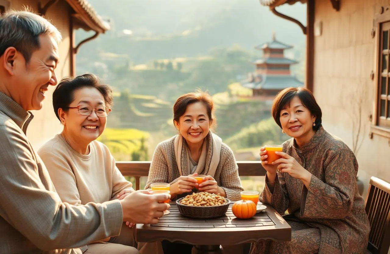 Chinese family on a terrace with roasted seeds and tea