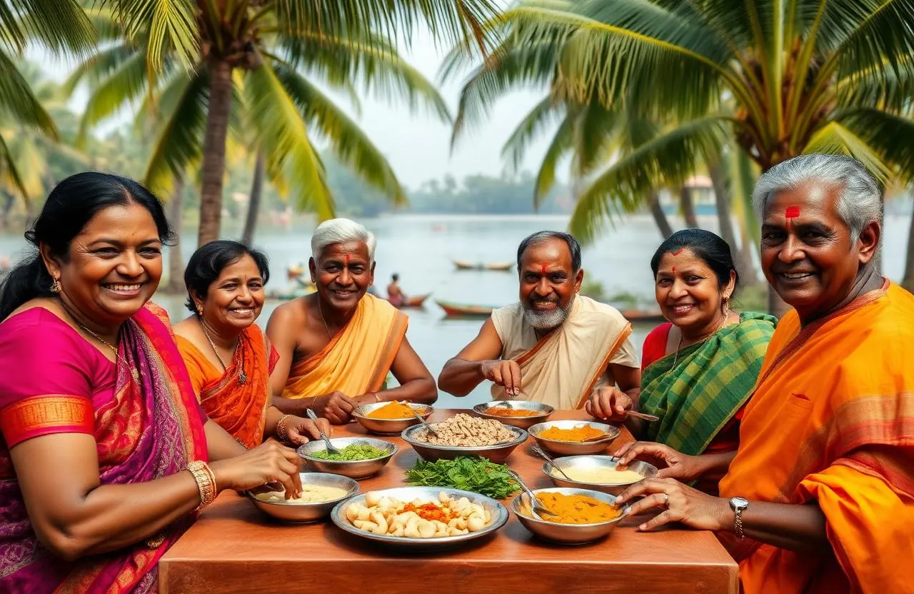 Indian family in Kerala with thali, cashews and spices by the backwaters