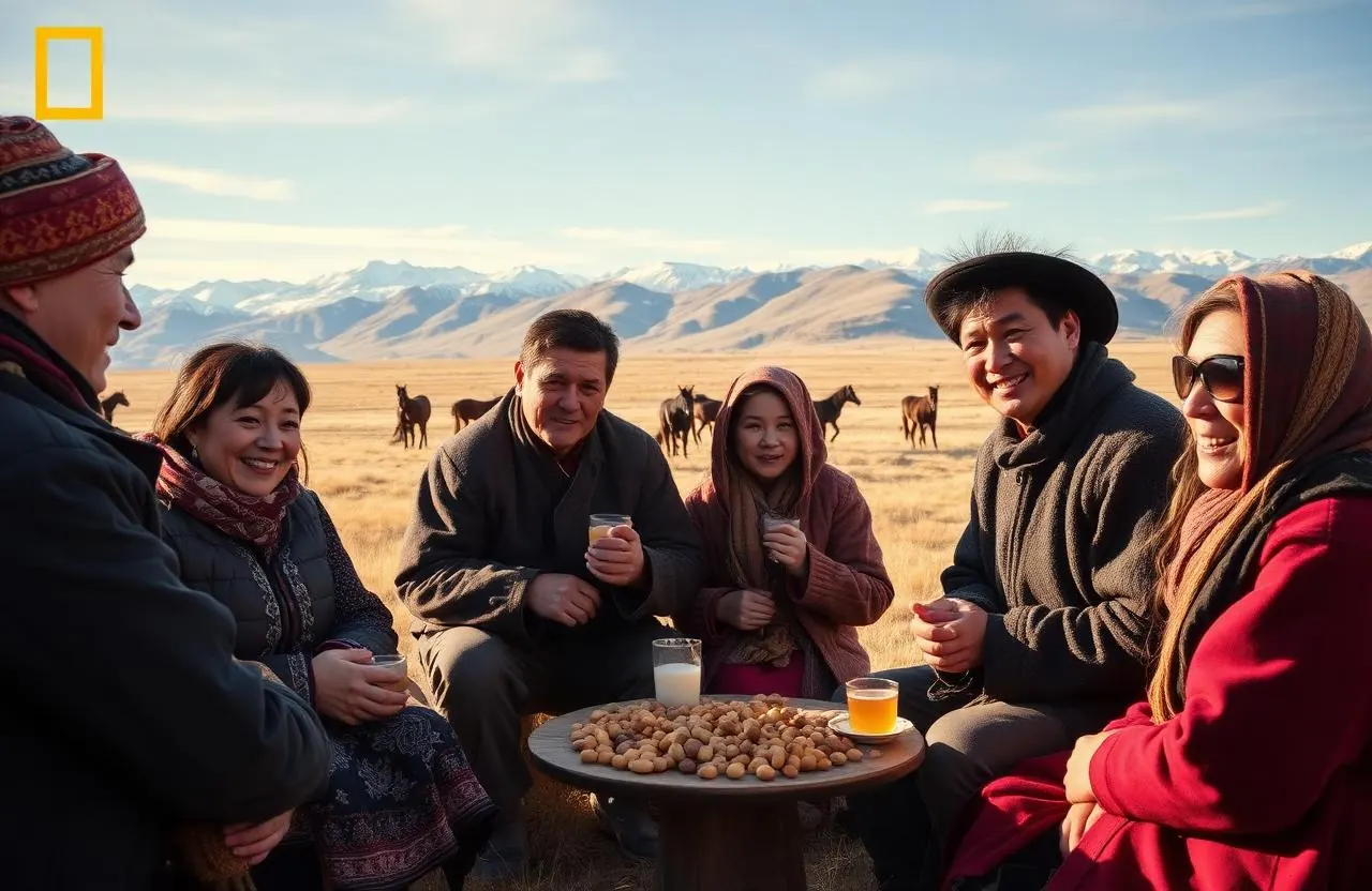 Mongolian nomadic family outside their ger on the steppe