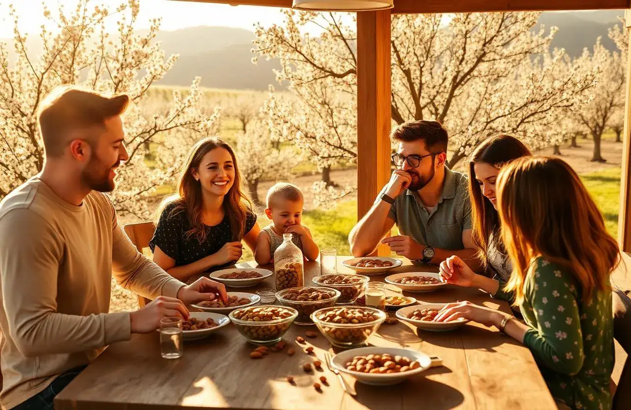 American family at a breakfast table with nuts in front of almond bloom
